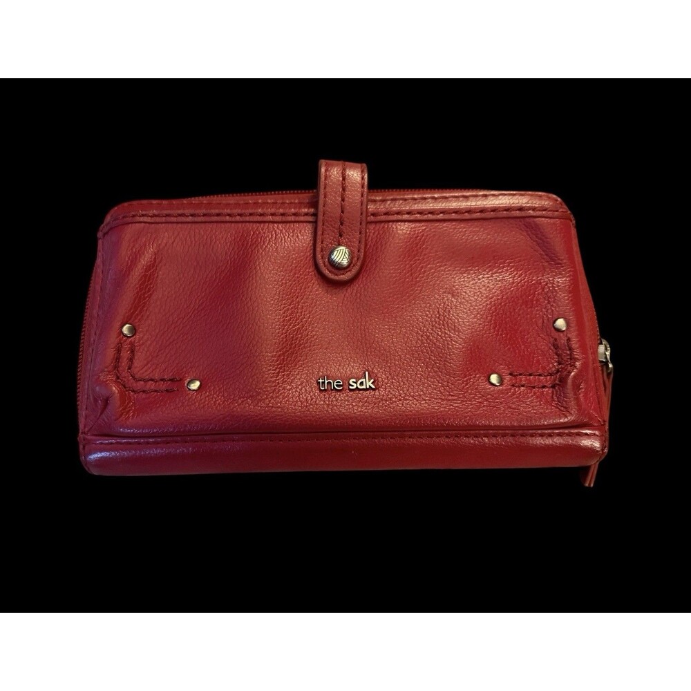 The Sak Red Iris Leather Clutch Purse Wallet Organizer Zip Around No Strap
